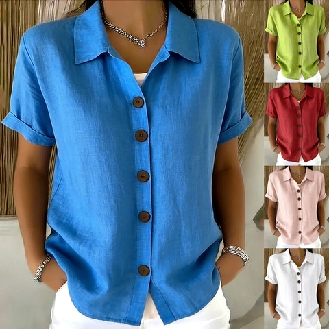 Dames Elegante Korte Mouw Katoen Linnen Overhemd Effen Kleur Omslagkraag Casual Zomer Top Blouse Kantoor