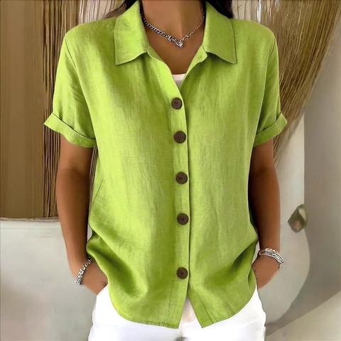 Dames Elegante Korte Mouw Katoen Linnen Overhemd Effen Kleur Omslagkraag Casual Zomer Top Blouse Kantoor