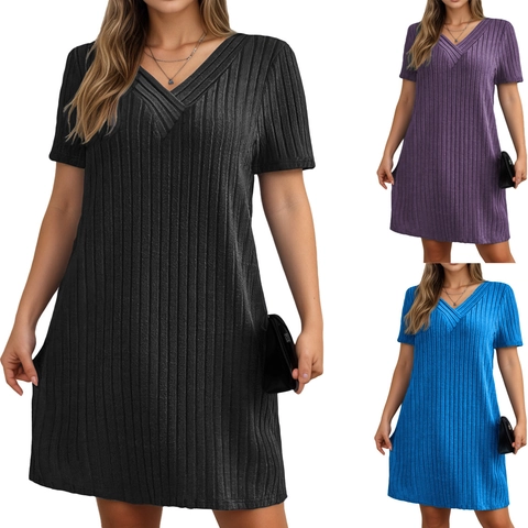 Women Plus Size V-Neck Short Sleeve Ribbed Dress Elegant Casual Solid Color Midi Dress For Summer Daily Party Ladies Wear