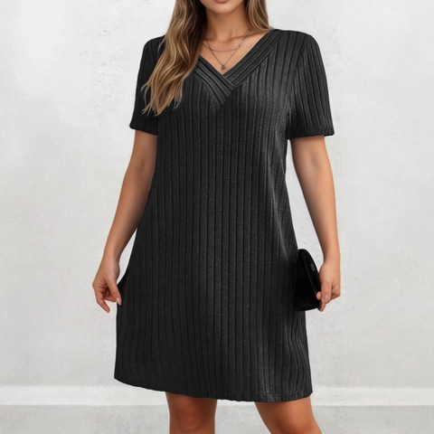 Women Plus Size V-Neck Short Sleeve Ribbed Dress Elegant Casual Solid Color Midi Dress For Summer Daily Party Ladies Wear
