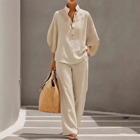 Women's Casual Cotton Blend Top And Bottom Set Elegant Commuter Loose V-Neck Button Shirt Wide Leg Pants Lounge Outfit