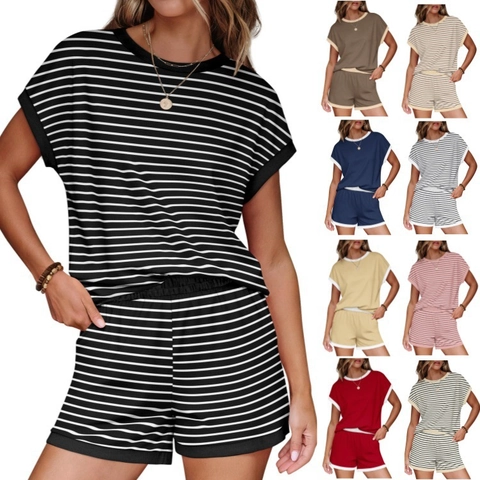 Ensemble Détente Femme Deux Pièces Décontracté Bordure Contrastée Haut Col Rond Manches Courtes et Short Taille Élastique