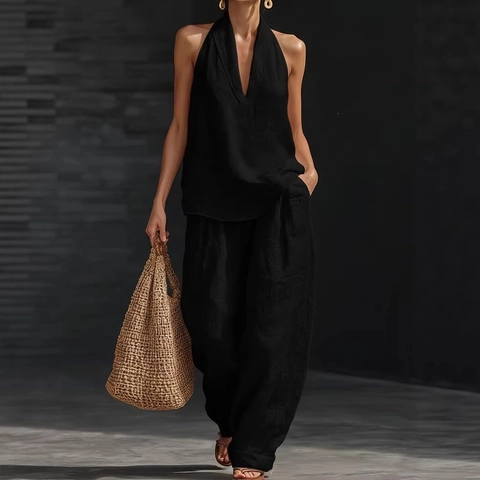 Women Casual Sleeveless Halter Neck Top And Bottom Solid Color Pleated Wide Leg Pants Summer Fashion Clothing Suit