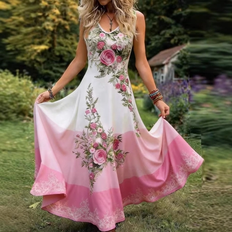 Robe Maxi Bohème Grande Taille pour Femmes Sans Manches Col en V Imprimé Rose Floral Dégradé Été Élégante Robe Longue