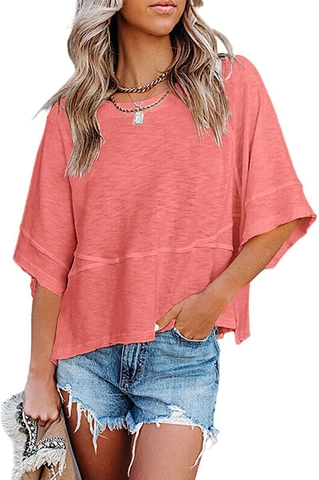 Women's Casual Cotton Blend T-Shirt Top Round Neck Spliced Three-Quarter Bell Sleeve Loose Summer Tee