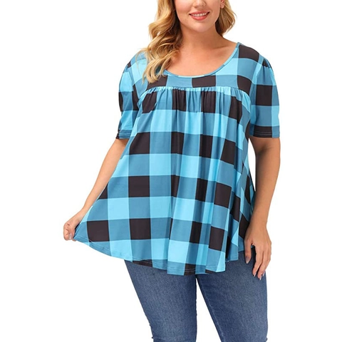 T-shirt Décontracté à Carreaux pour Femmes Col Rond Manches Courtes Top Babydoll Ample Grande Taille Imprimé Polyester Chemisier d'Été