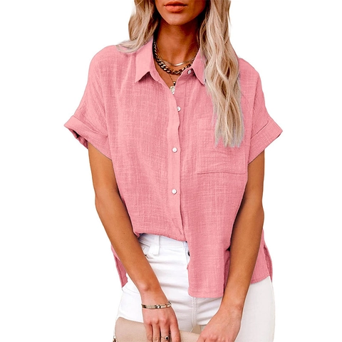 Dames Casual Katoen Linnen Mix Overhemd Korte Mouw Knooppasvorm Losse Revers Blouse Met Zak Zomer Effen Kleur Top