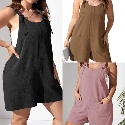 Women Plus Size Casual Tie-Strap Romper Loose Sleeveless Jumpsuit With Pockets Solid Color Summer Vacation Shorts Jumpsuit