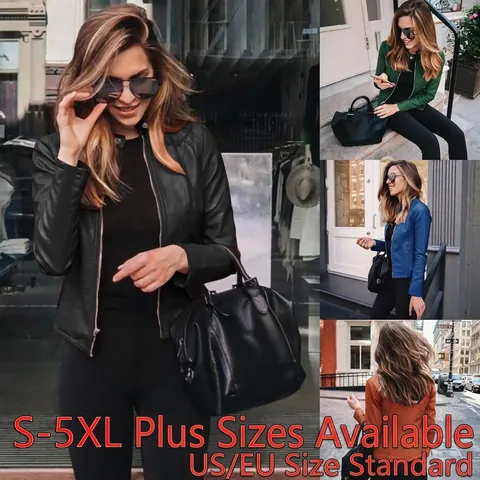 Damen Casual Kunstleder Jacket Langarm Revers Kurzmantel Herbst Oberbekleidung