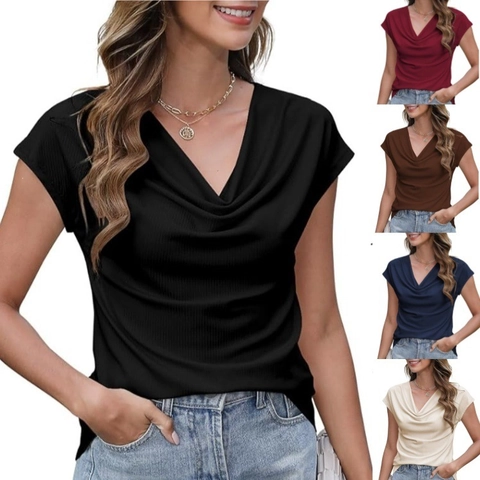 T-shirt Décontracté pour Femmes avec Col Bénitier Manches Courtes Tricot Côtelé Couleur Unie Mode Élégante Hauts d'Été