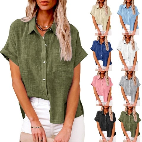 Dames Casual Katoen Linnen Mix Overhemd Korte Mouw Knooppasvorm Losse Revers Blouse Met Zak Zomer Effen Kleur Top