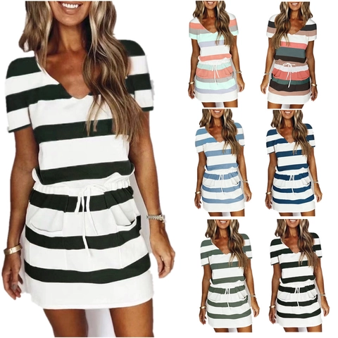 Women V Neck Striped Mini Dress Short Sleeve Drawstring Waist Polyester Casual Summer Fashion Dress For Daily Wear Vacation