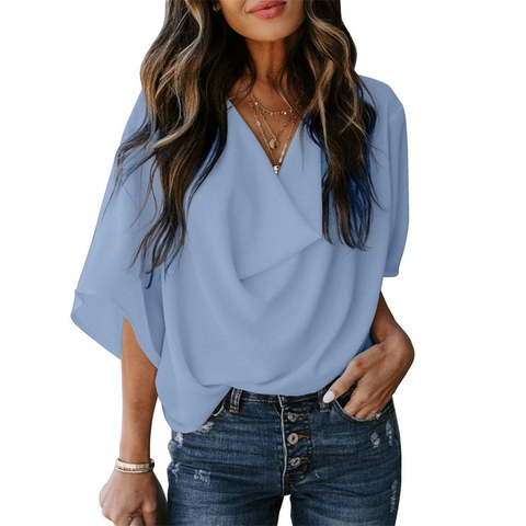 Women Casual Chiffon Blouse Loose V-neck Short Sleeve Top Solid Color Elegant Pleated Cowl Neck Streetwear Office Shirt