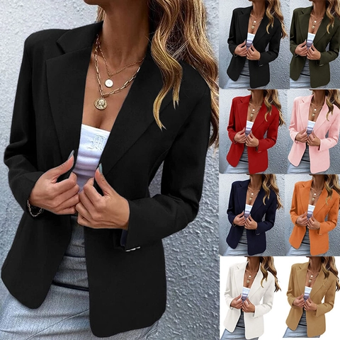 Women Casual Long Sleeve Blazer Jacket Solid Color Single Button Notched Lapel Slim Fit Office Outerwear