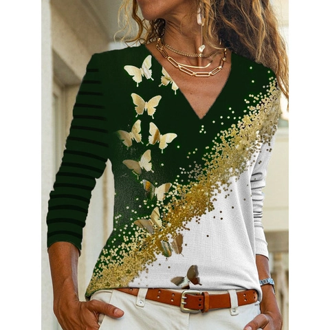 Maglietta da Donna Casual Scollo a V Manica Lunga Stampa a Farfalla Patchwork Blocco di Colore Asimmetrico Top a Righe