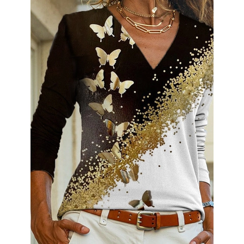 Maglietta da Donna Casual Scollo a V Manica Lunga Stampa a Farfalla Patchwork Blocco di Colore Asimmetrico Top a Righe