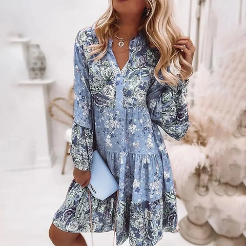 Women Floral V Neck Tiered Bohemian Dress Long Flared Sleeve Paisley Print Chiffon Ruffle Hem Casual Midi Party Dress