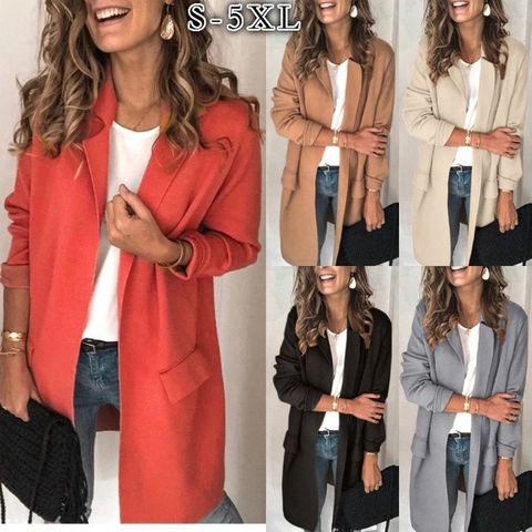 Women's Casual Mid-Length Blazer Jacket Elegant Lapel Long Sleeve Open Front Suit Coat Office Commuter Outerwear With Pockets