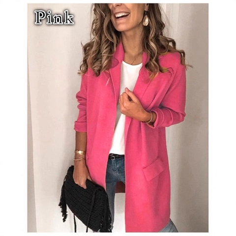 Women's Casual Mid-Length Blazer Jacket Elegant Lapel Long Sleeve Open Front Suit Coat Office Commuter Outerwear With Pockets