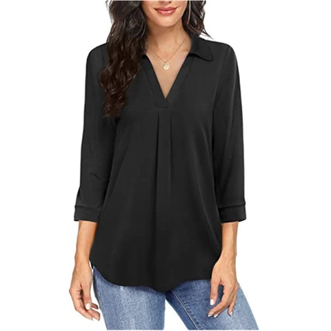 Dames Elegante Chiffon Blouse V-hals Driekwart Mouw Geplooid Effen Kleur Losse Top Casual Shirt Voor Woon-werkverkeer Kantoor