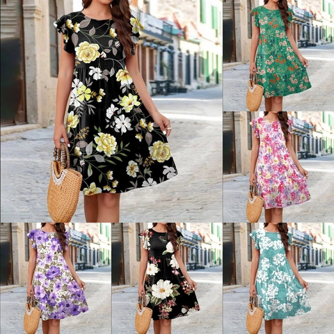 Women Elegant Floral Print Tiered Midi Dress Flutter Ruffle Sleeve Crew Neck Summer Casual Pullover Loose Fit Sun Dress