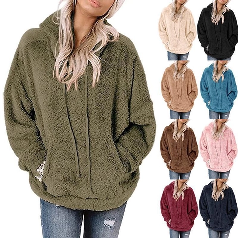 Women Casual Loose Plush Hoodie Long Sleeve Sherpa Fleece Pullover With Pocket Solid Color Warm Autumn Winter Sweatshirt