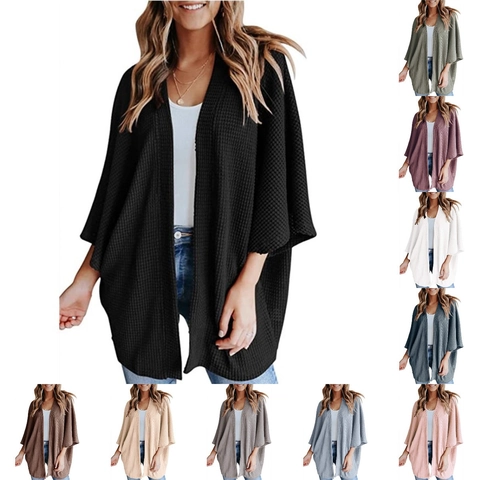 Damen Casual Waffelstrick Jacke Locker Fledermausärmel Vorne Offen Pullover Leichte Top Jacke Für Frühling Herbst