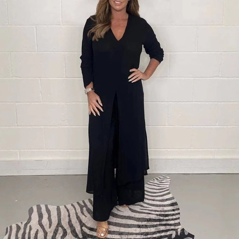Dames Elegant Tweedelig Set V-Hals Hoge Split Lange Top En Wijd Uitlopende Broek Effen Kleur Casual Modest Fashion Outfit
