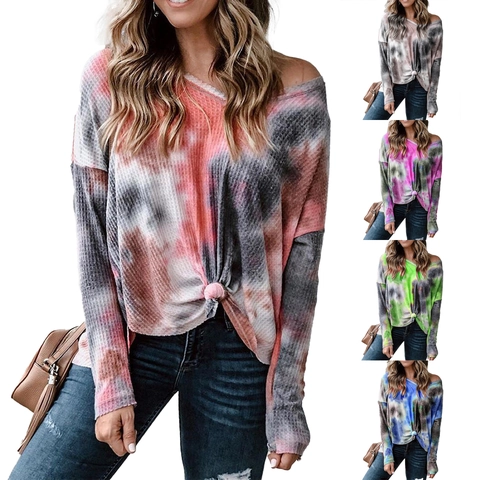 Women Casual Tie Dye Waffle Knit Long Sleeve V Neck Top Off Shoulder Knot Hem Loose Pullover Streetwear Sweatshirt Fashion