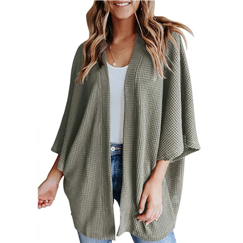 Damen Casual Waffelstrick Jacke Locker Fledermausärmel Vorne Offen Pullover Leichte Top Jacke Für Frühling Herbst