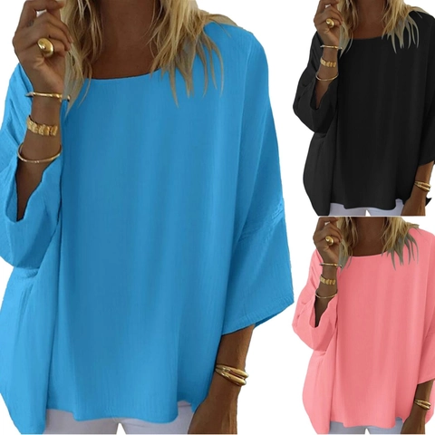 Camicetta da Donna Casual con Girocollo a Tre Quarti Manica Elegante Tinta Unita Vestibilità Larga Pullover Camicia Comoda da Ufficio