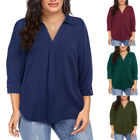 Damen Übergrößen Chiffon Bluse V-Ausschnitt Revers Dreiviertelarm Lockerer Pullover Top Einfarbig Elegant Pendler Hemd