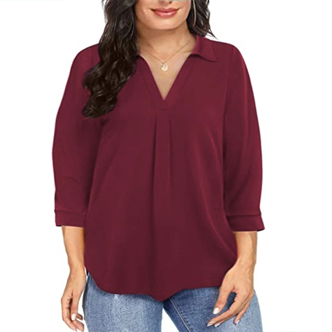 Damen Übergrößen Chiffon Bluse V-Ausschnitt Revers Dreiviertelarm Lockerer Pullover Top Einfarbig Elegant Pendler Hemd