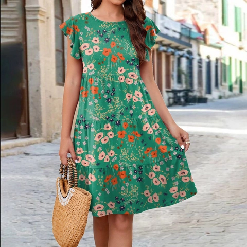 Women Elegant Floral Print Tiered Midi Dress Flutter Ruffle Sleeve Crew Neck Summer Casual Pullover Loose Fit Sun Dress