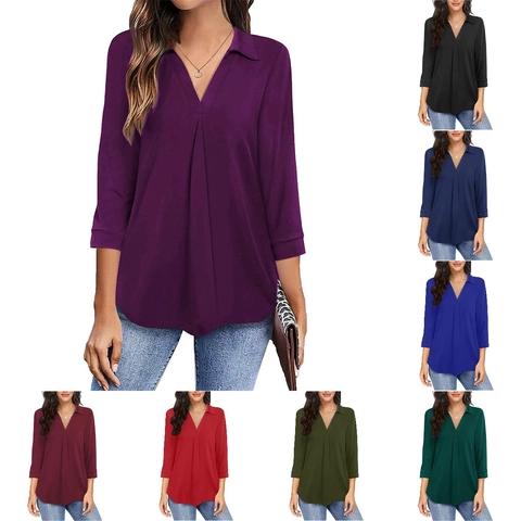 Dames Elegante Chiffon Blouse V-hals Driekwart Mouw Geplooid Effen Kleur Losse Top Casual Shirt Voor Woon-werkverkeer Kantoor