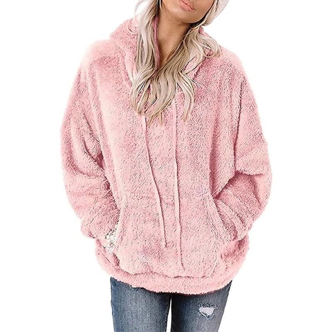Women Casual Loose Plush Hoodie Long Sleeve Sherpa Fleece Pullover With Pocket Solid Color Warm Autumn Winter Sweatshirt