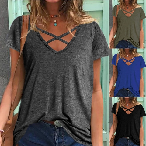 Women Casual V Neck Criss Cross Short Sleeve T-Shirt Loose Summer Tops Basic Solid Color Polyester Spandex Tee Shirt