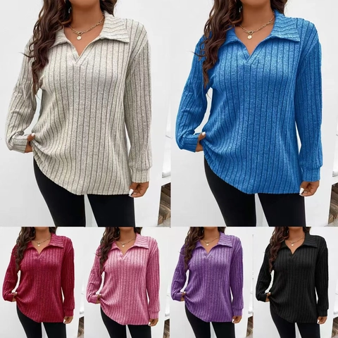 Maglietta in Maglia a Costine Taglie Forti da Donna Scollo a V Colletto Polo Manica Lunga Top Pullover Casual Elastico