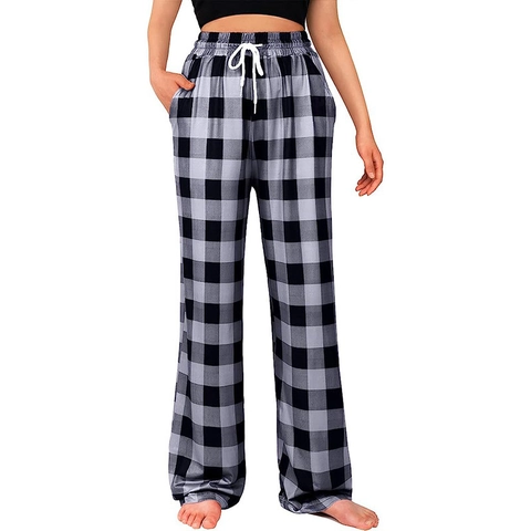 Women Buffalo Plaid Pajama Pants Comfortable Drawstring Elastic Waist Straight Leg Lounge Bottoms Polyester Sleepwear Trousers