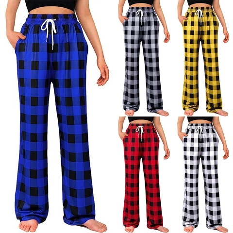 Women Buffalo Plaid Pajama Pants Comfortable Drawstring Elastic Waist Straight Leg Lounge Bottoms Polyester Sleepwear Trousers
