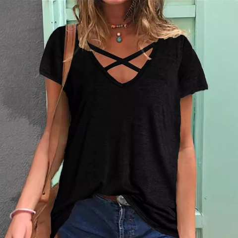 Women Casual V Neck Criss Cross Short Sleeve T-Shirt Loose Summer Tops Basic Solid Color Polyester Spandex Tee Shirt