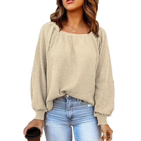 Damen Casual Waffelstrick Top Viereckiger Ausschnitt Langarm Laternenärmel Locker Gerippt Einfarbig Pullover Top Für Den Alltag