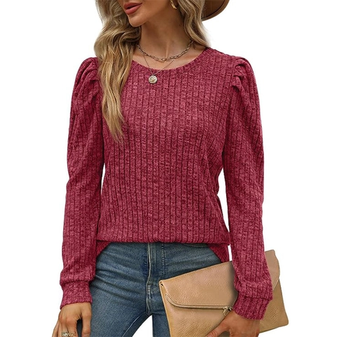 Damen Elegant Geripptes Strickoberteil Rundhals Puffärmel Pullover Einfarbig Casual Pendeln Langarm Slim Fit Stricktop