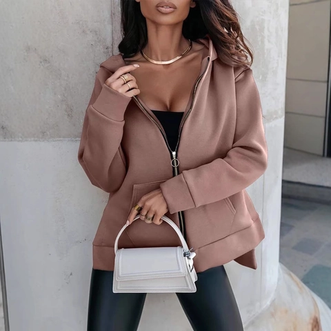 Women Casual Oversized Full Zip Hoodie Sweatshirt With Ring Pull Zipper Pocket Slit Hem Long Sleeve Autumn Winter Jacket Top