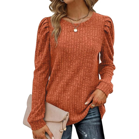 Damen Elegant Geripptes Strickoberteil Rundhals Puffärmel Pullover Einfarbig Casual Pendeln Langarm Slim Fit Stricktop