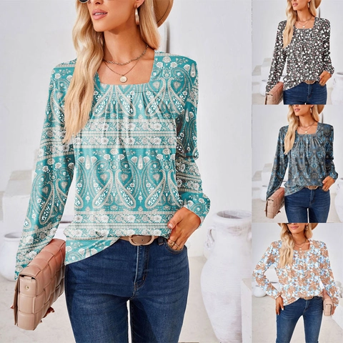 Camiseta de Manga Larga con Estampado Floral Paisley Informal para Mujer Cuello Cuadrado Fruncido Top Pullover Estilo Bohemio para Otoño Invierno