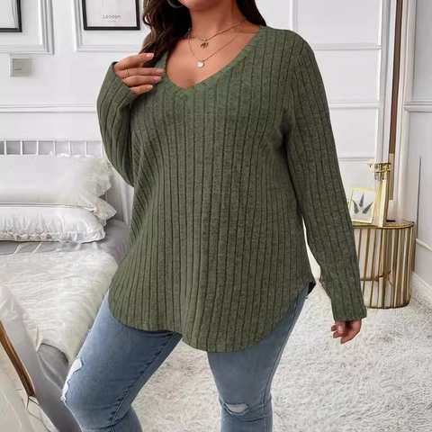 T-Shirt à Manches Longues et Col en V pour Femmes de Grande Taille Couleur Unie Texture Brossée Décontractée Haut Ample
