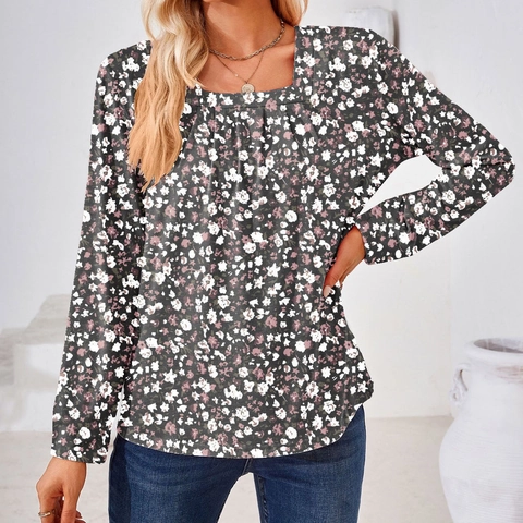 Camiseta de Manga Larga con Estampado Floral Paisley Informal para Mujer Cuello Cuadrado Fruncido Top Pullover Estilo Bohemio para Otoño Invierno