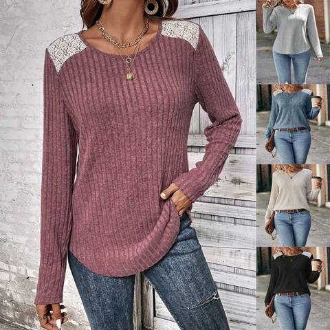 Top de Manga Larga de Punto Acanalado para Mujer Cuello Redondo Empalme de Encaje Cepillado Ajustado Pullover Casual Camisa de Color Sólido Otoño Invierno