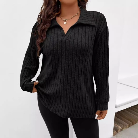 Maglietta in Maglia a Costine Taglie Forti da Donna Scollo a V Colletto Polo Manica Lunga Top Pullover Casual Elastico